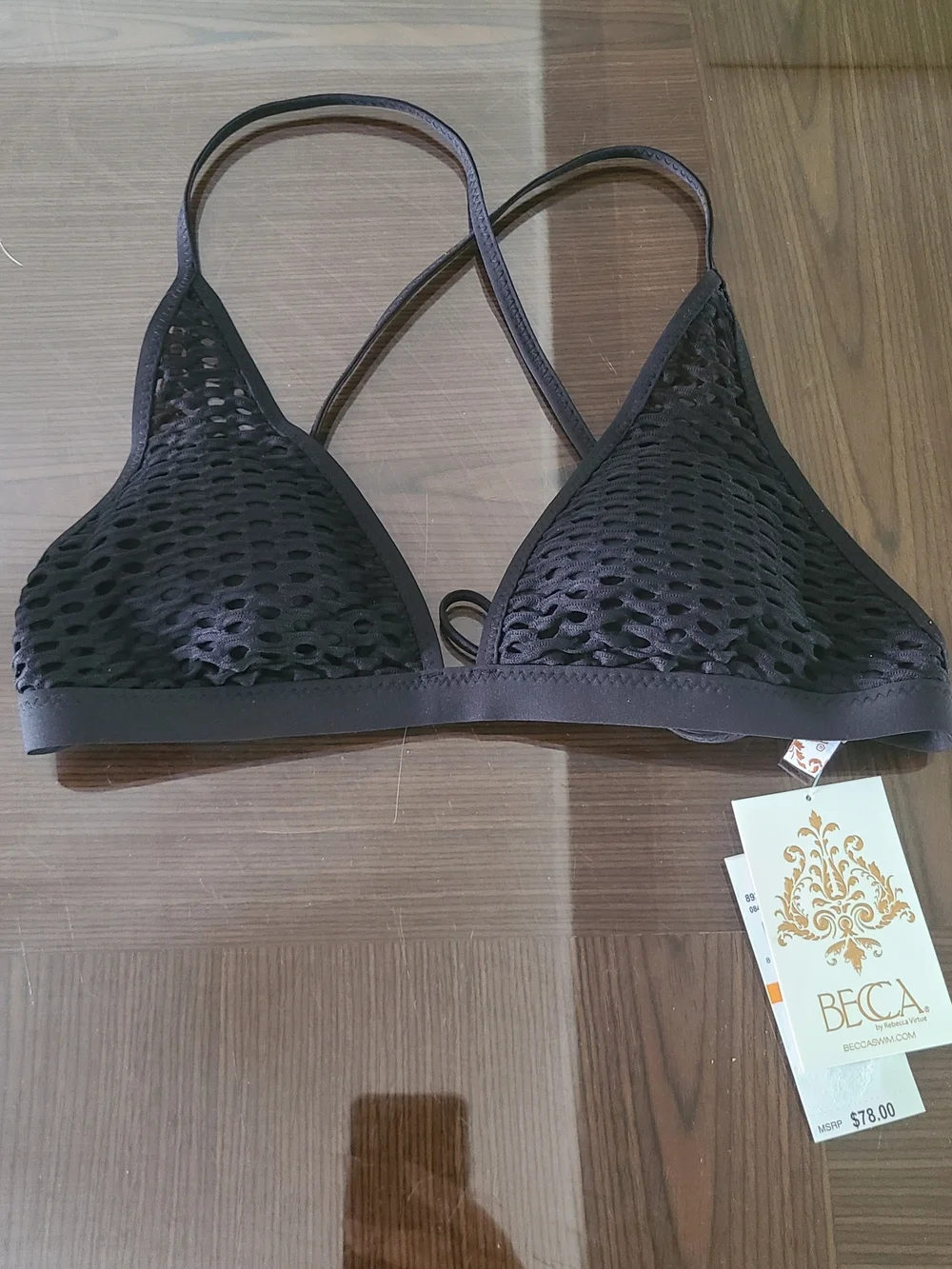 Becca Women's Castaway Fishnet Swimsuit Bikini Top Black Size S NWT